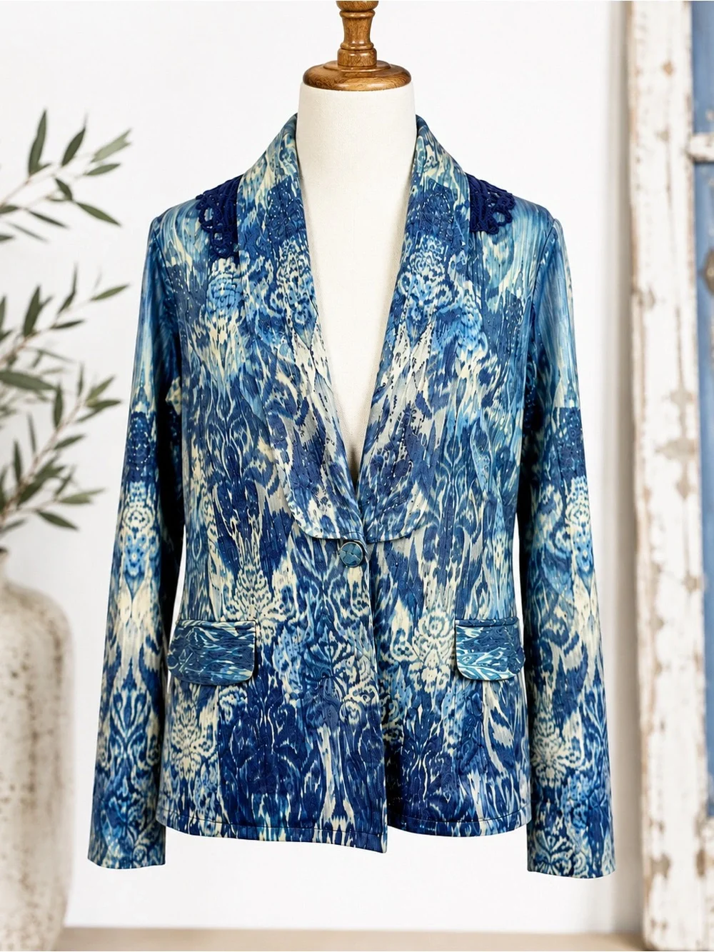 French Blue Crochet Lace Back Damask Jacket S Boutique Boho Blazer